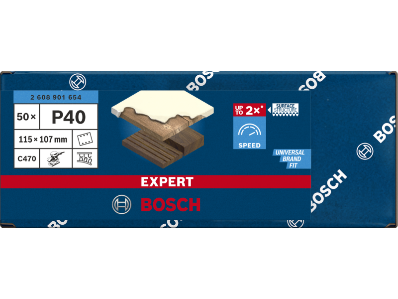 Brusni papir EXPERT C470 z 6 luknjami za vibracijske brusilnike, Dimenzije: 115x107mm, Zrnatost: 40, 2608901654